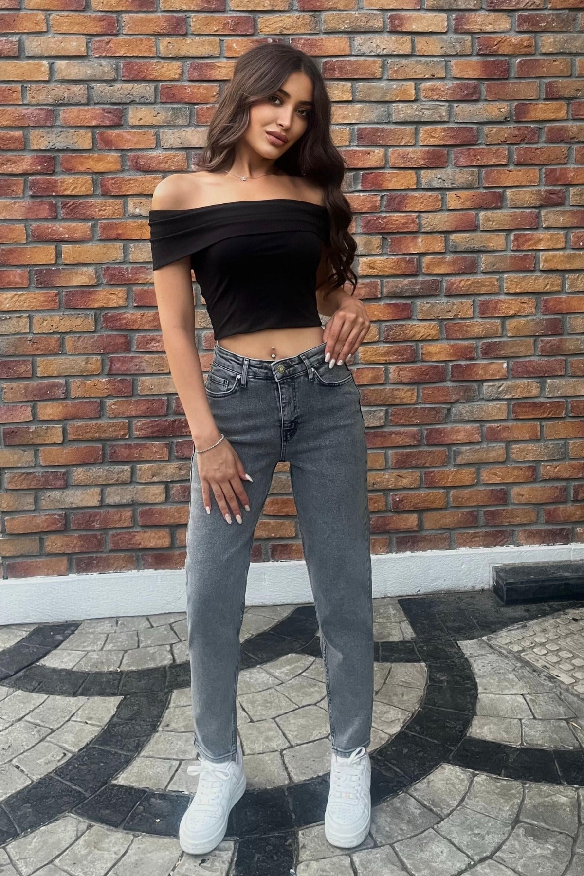 Kadın Yüksek Bel Boyfriend Likralı Kot Pantolon Füme - MALLTURK