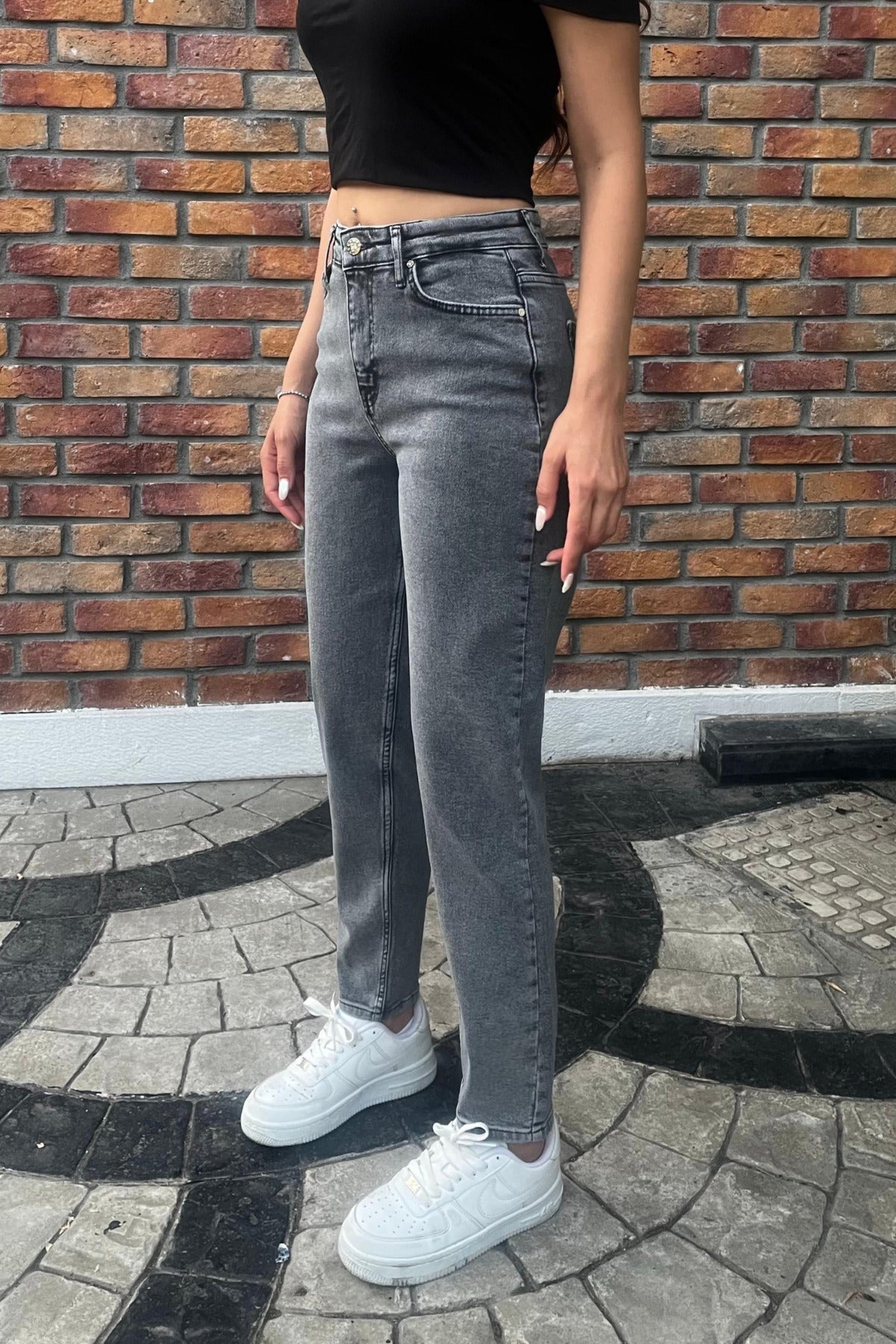 Kadın Yüksek Bel Boyfriend Likralı Kot Pantolon Füme - MALLTURK