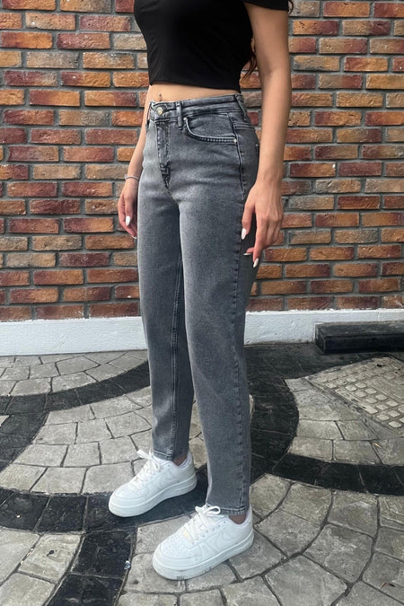 Kadın Yüksek Bel Boyfriend Likralı Kot Pantolon Füme - MALLTURK