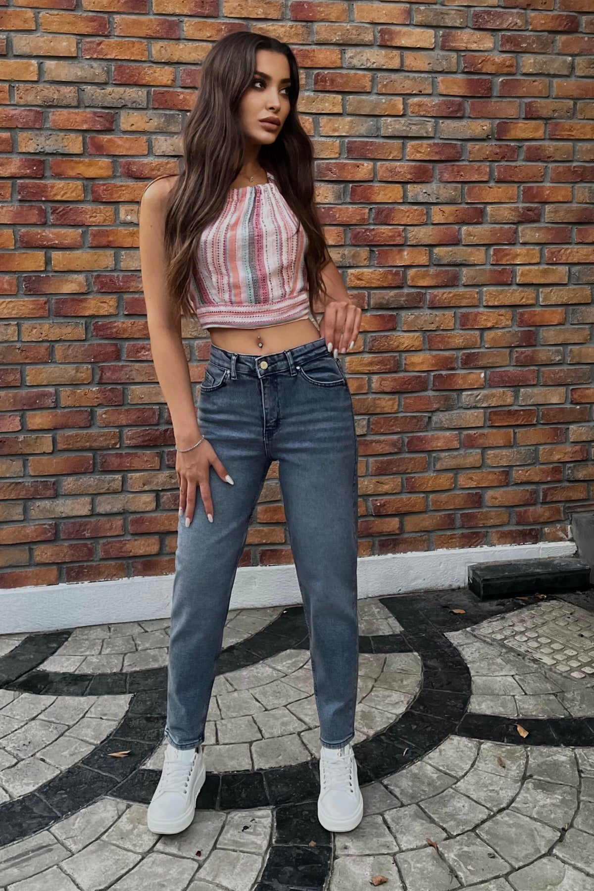 Kadın Yüksek Bel Boyfriend Likralı Kot Pantolon Gök Mavi - MALLTURK