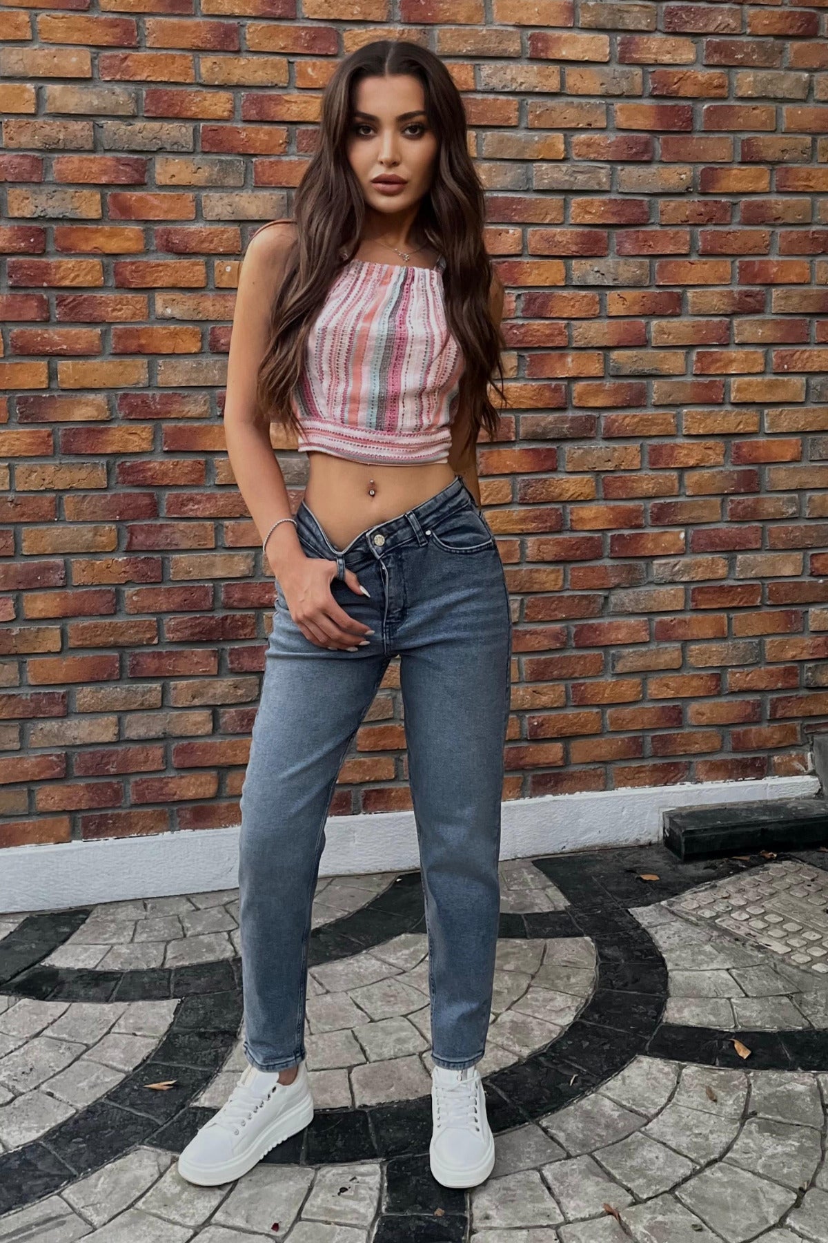 Kadın Yüksek Bel Boyfriend Likralı Kot Pantolon Gök Mavi - MALLTURK