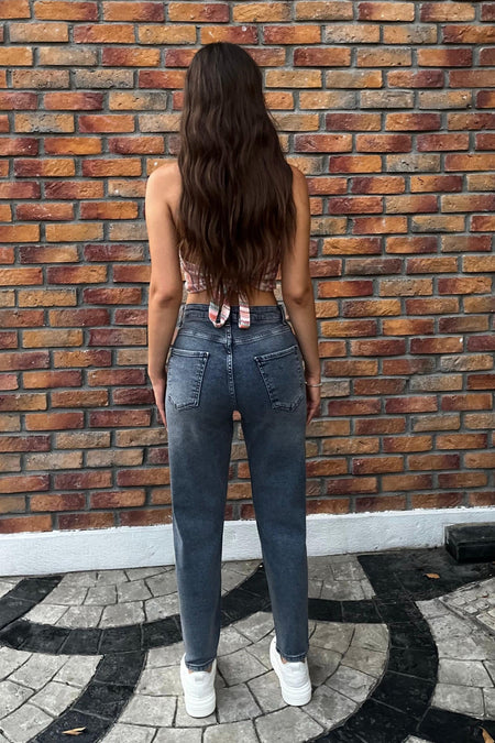 Kadın Yüksek Bel Boyfriend Likralı Kot Pantolon Gök Mavi - MALLTURK