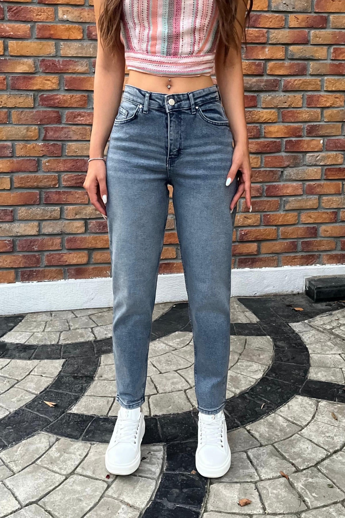 Kadın Yüksek Bel Boyfriend Likralı Kot Pantolon Gök Mavi - MALLTURK