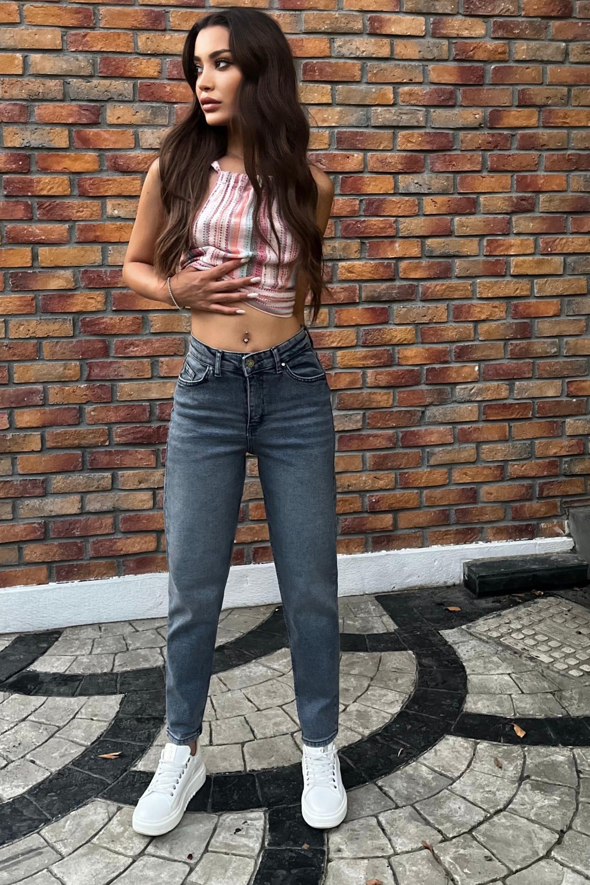 Kadın Yüksek Bel Boyfriend Likralı Kot Pantolon Gök Mavi - MALLTURK