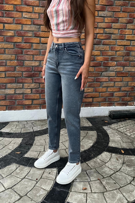 Kadın Yüksek Bel Boyfriend Likralı Kot Pantolon Gök Mavi - MALLTURK