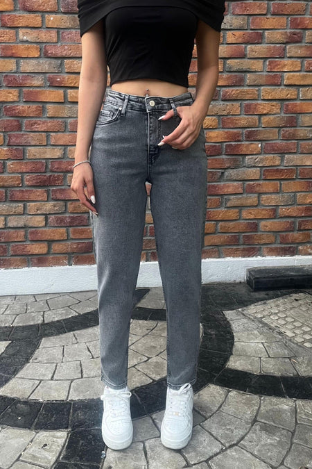 Kadın Yüksek Bel Boyfriend Likralı Kot Pantolon Gri - MALLTURK