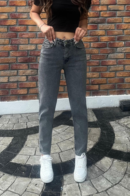 Kadın Yüksek Bel Boyfriend Likralı Kot Pantolon Gri - MALLTURK
