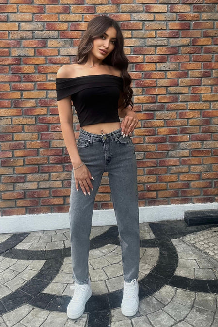 Kadın Yüksek Bel Boyfriend Likralı Kot Pantolon Gri - MALLTURK