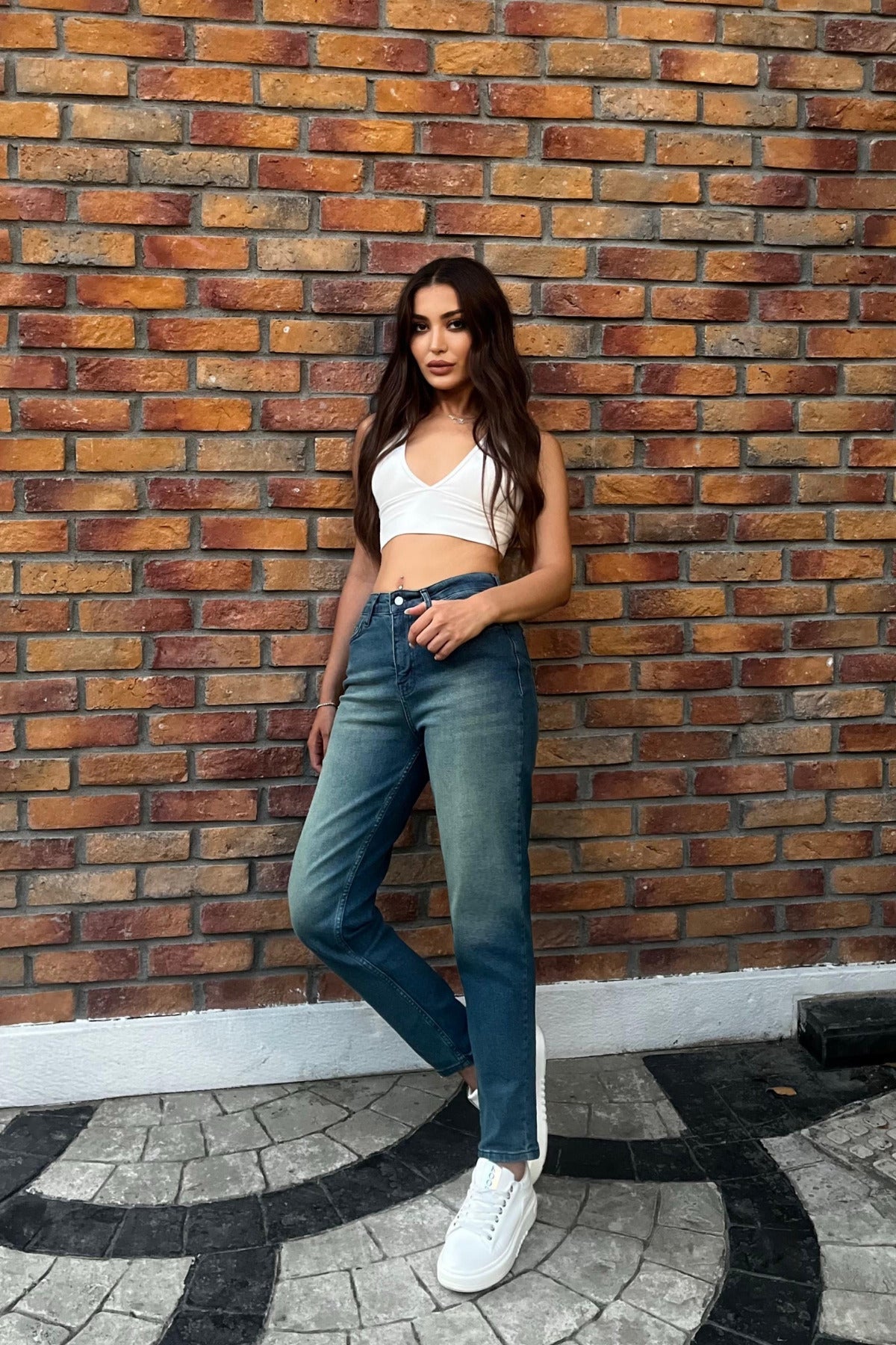 Kadın Yüksek Bel Boyfriend Likralı Kot Pantolon Koyu Mavi - MALLTURK