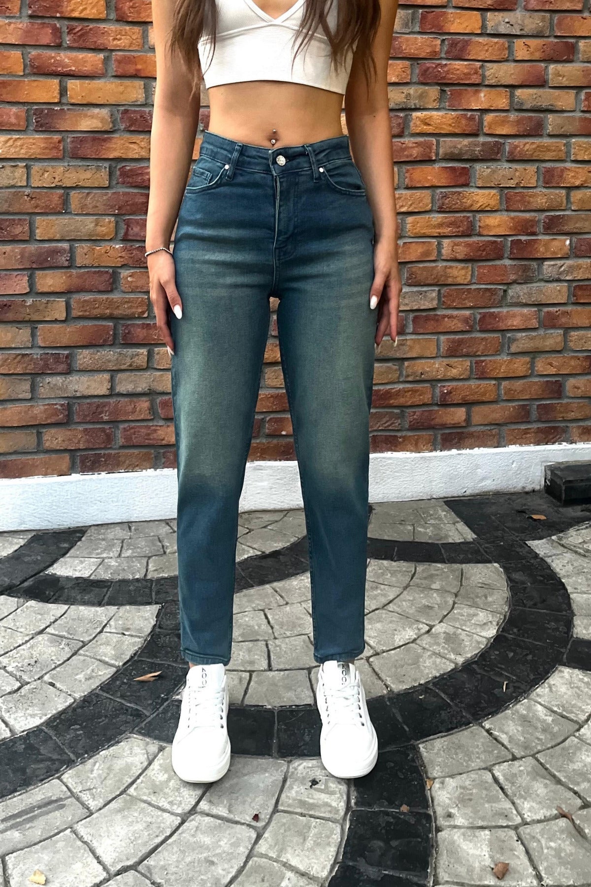 Kadın Yüksek Bel Boyfriend Likralı Kot Pantolon Koyu Mavi - MALLTURK