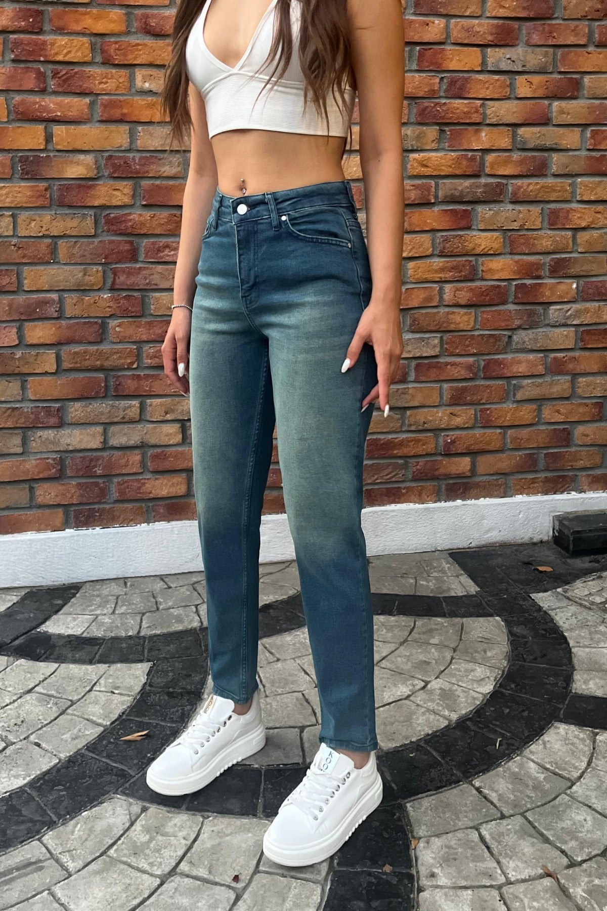 Kadın Yüksek Bel Boyfriend Likralı Kot Pantolon Koyu Mavi - MALLTURK
