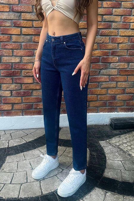 Kadın Yüksek Bel Boyfriend Likralı Kot Pantolon Lacivert - MALLTURK