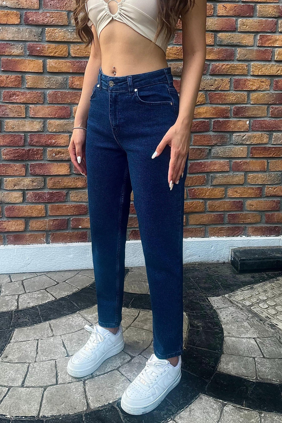 Kadın Yüksek Bel Boyfriend Likralı Kot Pantolon Lacivert - MALLTURK
