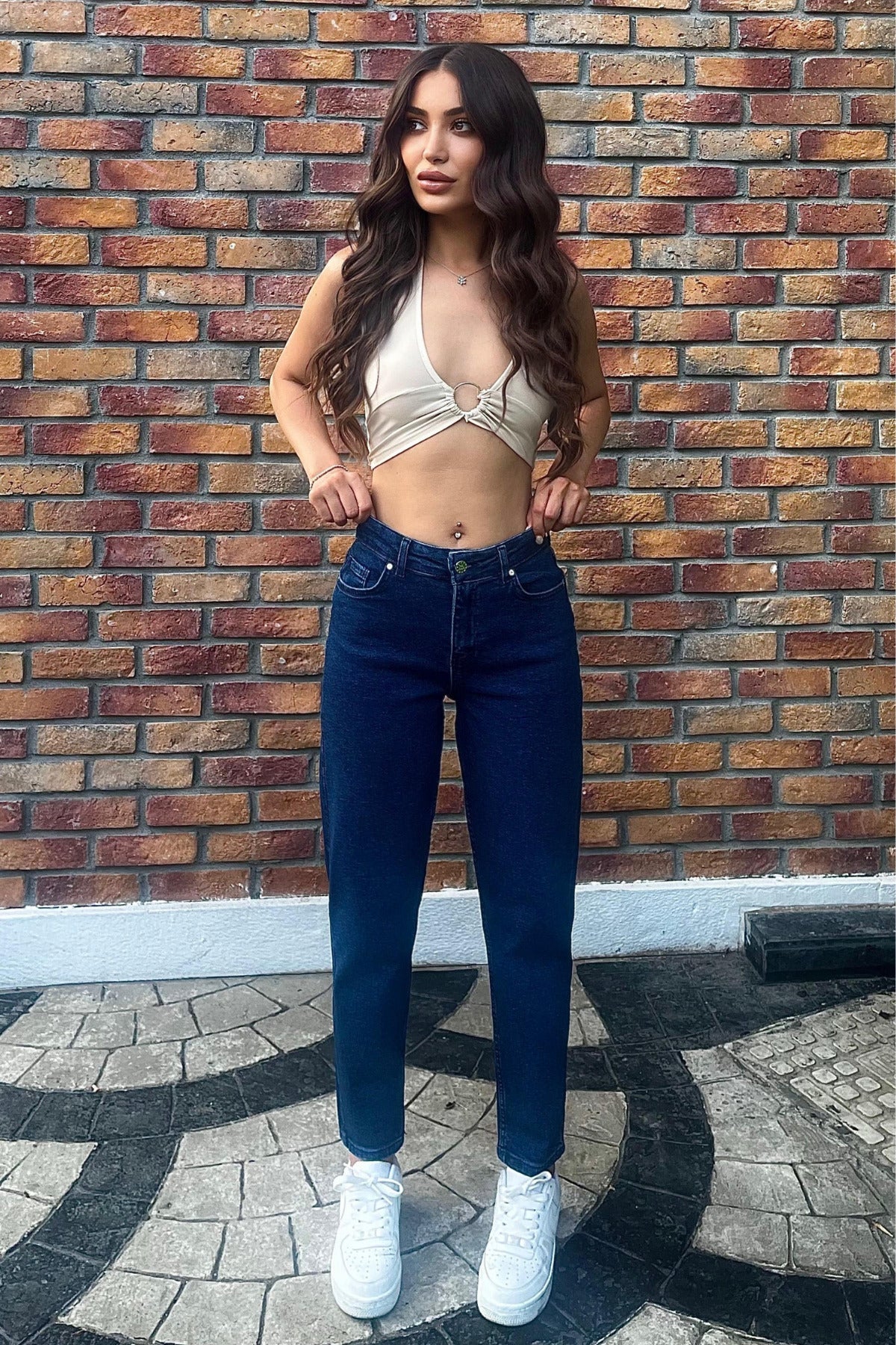 Kadın Yüksek Bel Boyfriend Likralı Kot Pantolon Lacivert - MALLTURK