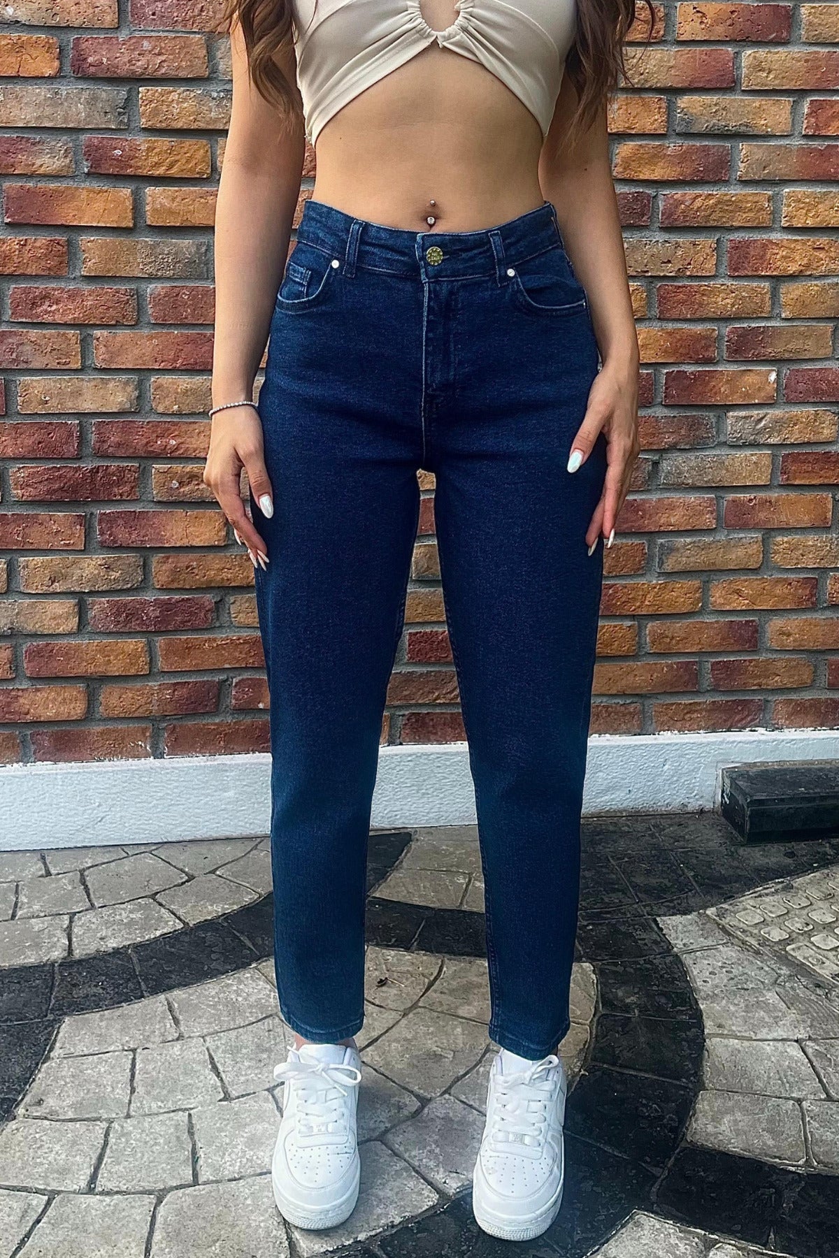 Kadın Yüksek Bel Boyfriend Likralı Kot Pantolon Lacivert - MALLTURK