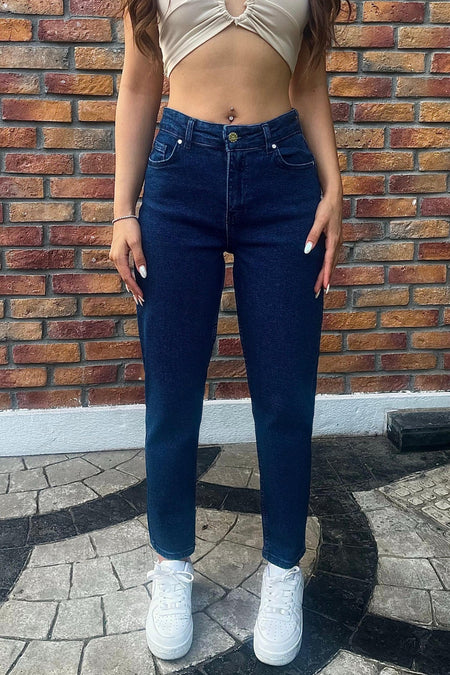 Kadın Yüksek Bel Boyfriend Likralı Kot Pantolon Lacivert - MALLTURK