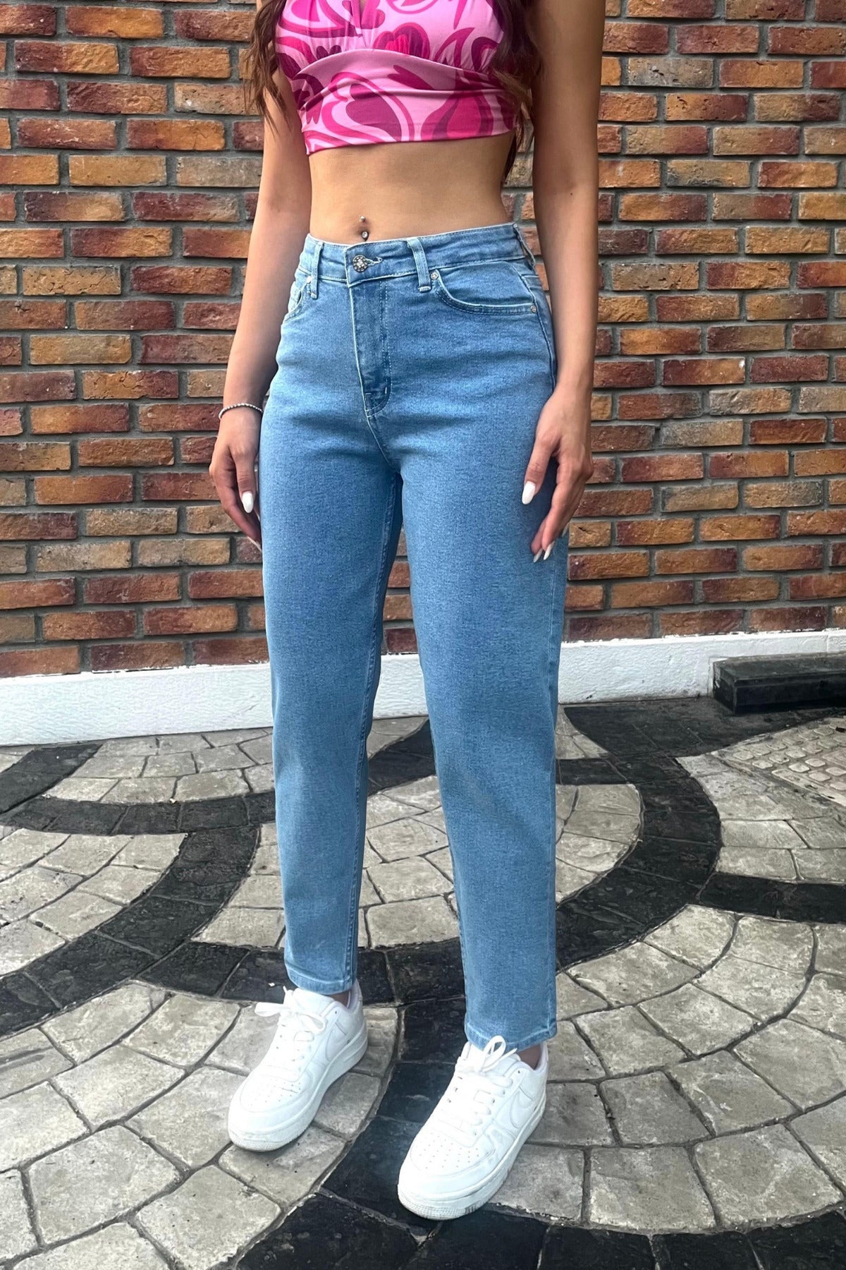 Kadın Yüksek Bel Boyfriend Likralı Kot Pantolon Mavi - MALLTURK