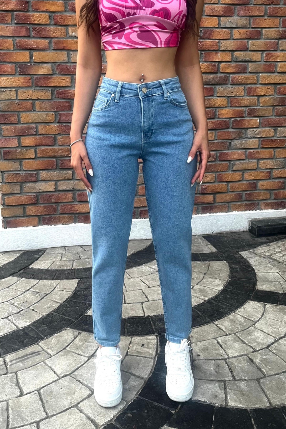 Kadın Yüksek Bel Boyfriend Likralı Kot Pantolon Mavi - MALLTURK