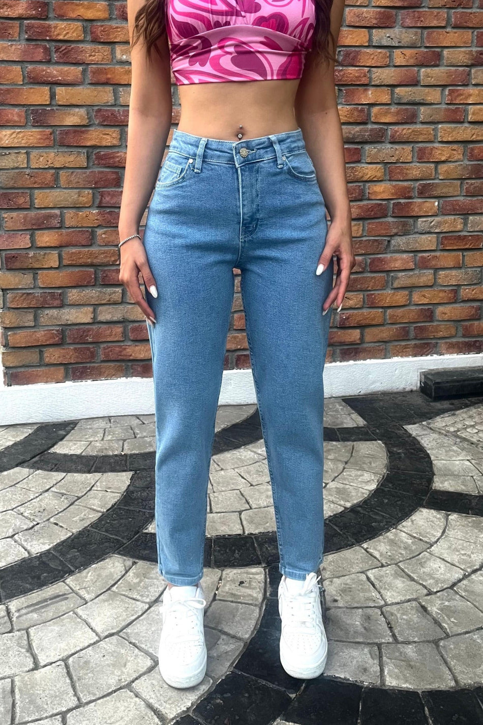 Kadın Yüksek Bel Boyfriend Likralı Kot Pantolon Mavi - MALLTURK