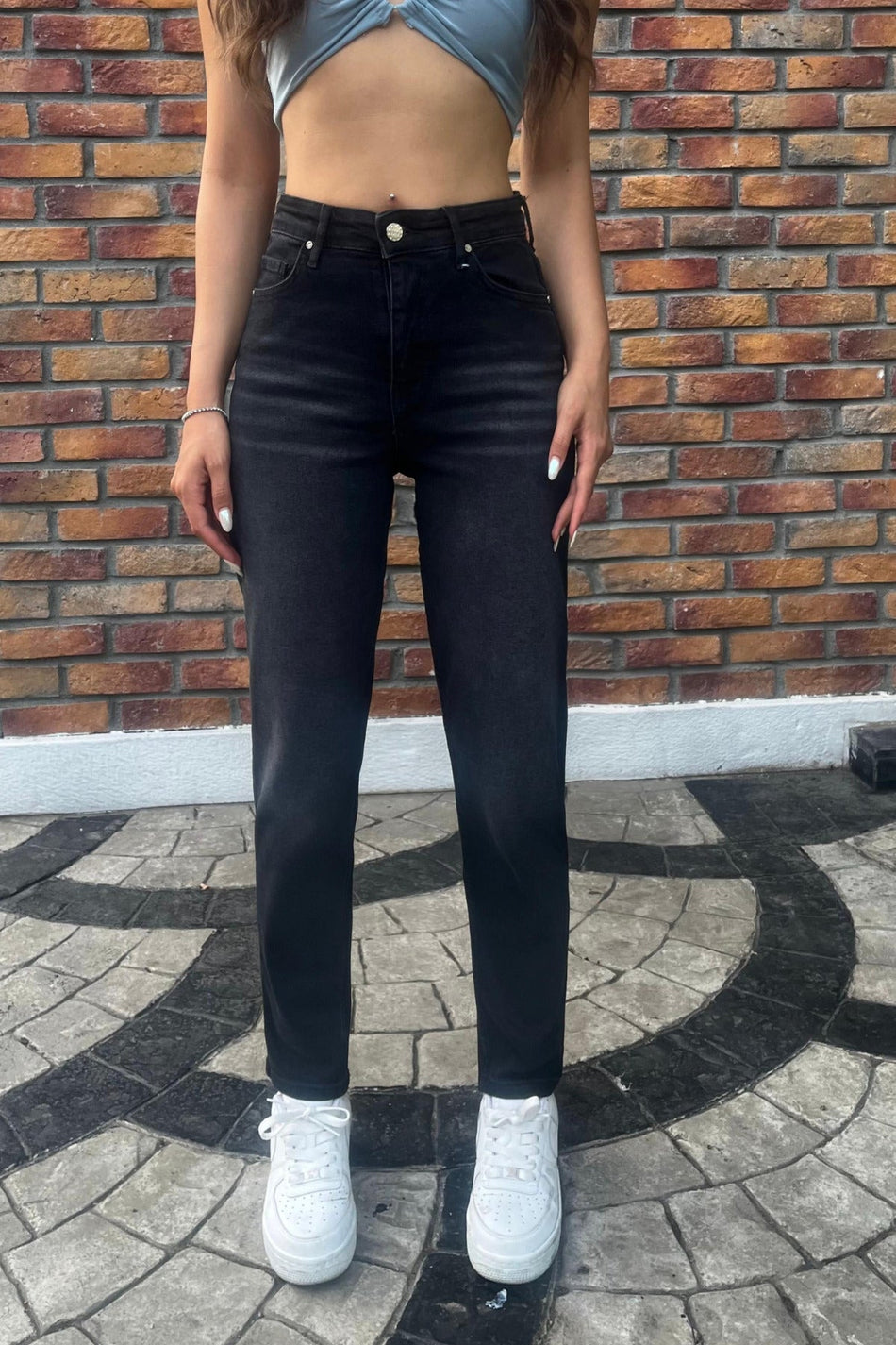 Kadın Yüksek Bel Boyfriend Likralı Kot Pantolon Siyah - MALLTURK