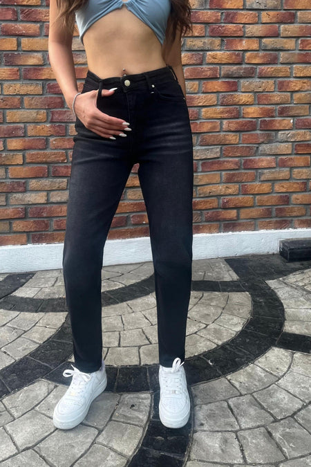 Kadın Yüksek Bel Boyfriend Likralı Kot Pantolon Siyah - MALLTURK