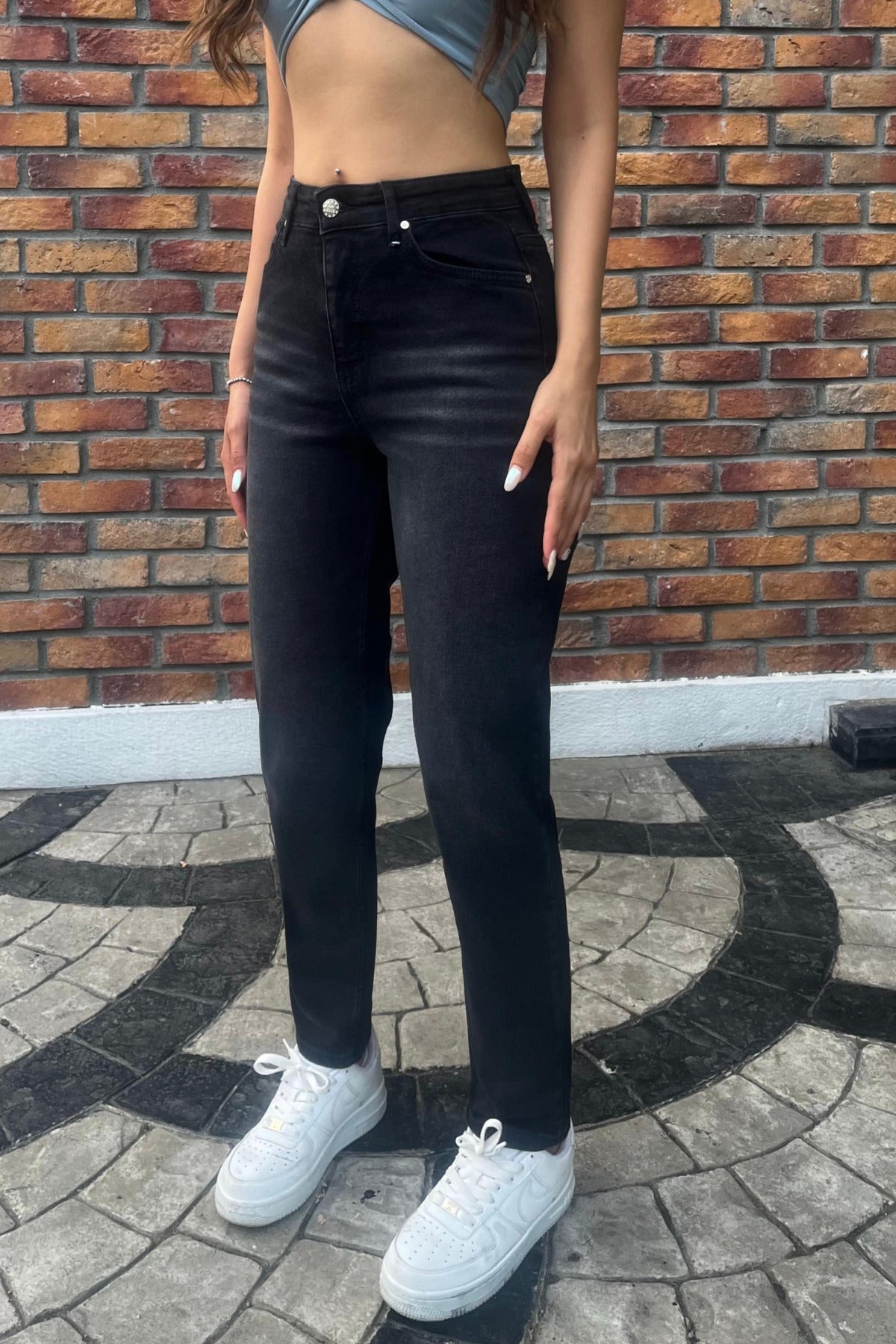 Kadın Yüksek Bel Boyfriend Likralı Kot Pantolon Siyah - MALLTURK