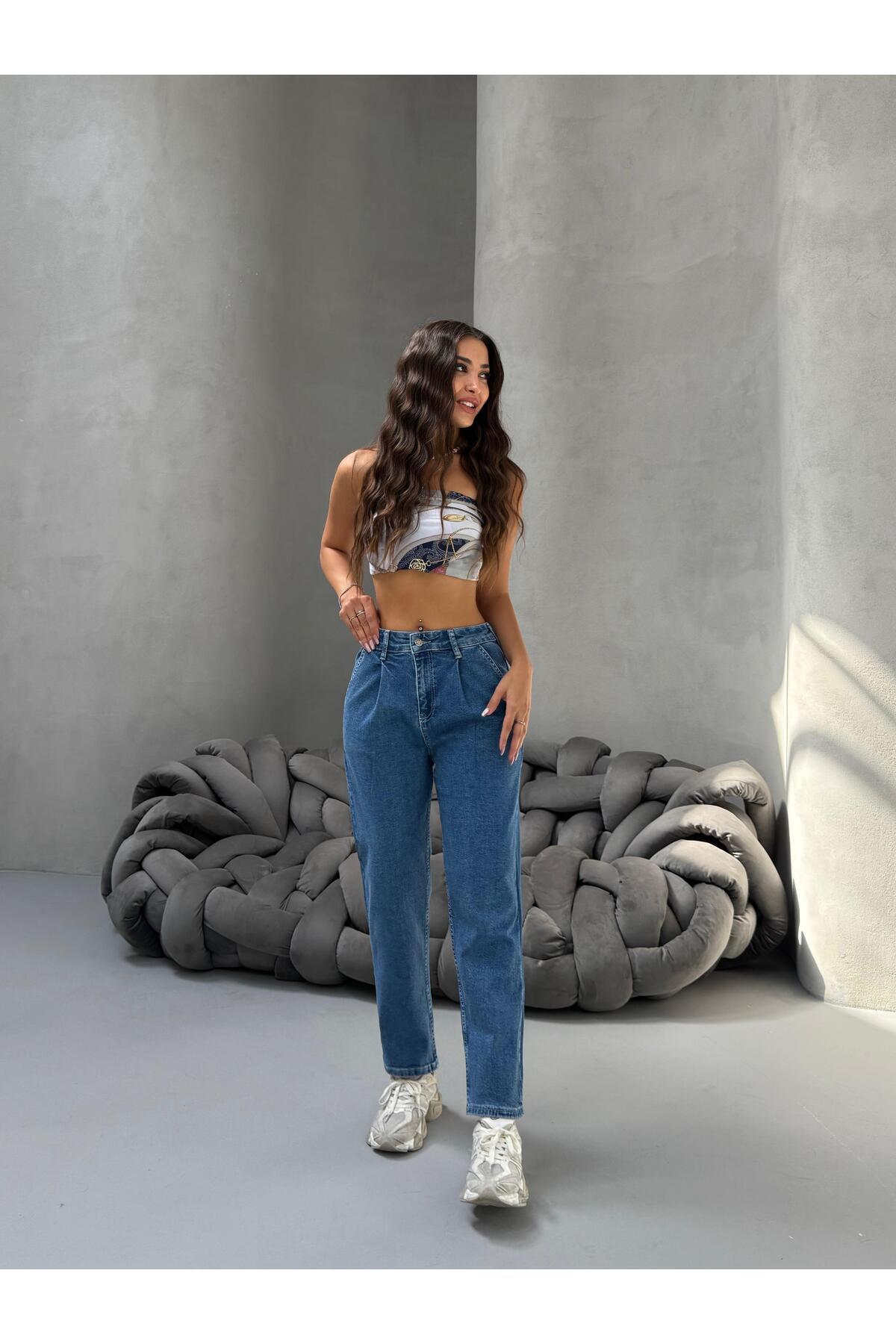 Kadın Yüksek Bel Boyfriend Likralı Pileli Mom Jeans Mavi - MALLTURK