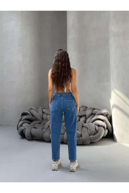 Kadın Yüksek Bel Boyfriend Likralı Pileli Mom Jeans Mavi - MALLTURK