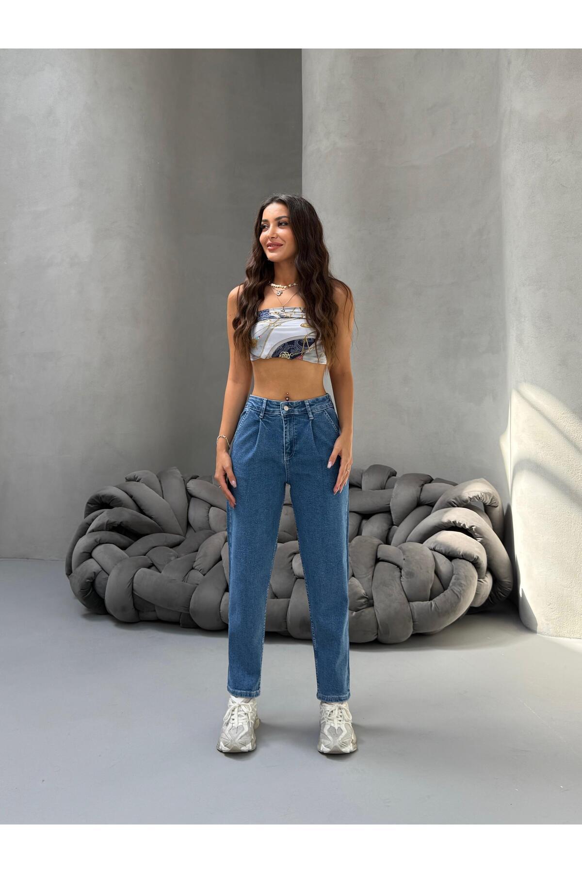 Kadın Yüksek Bel Boyfriend Likralı Pileli Mom Jeans Mavi - MALLTURK