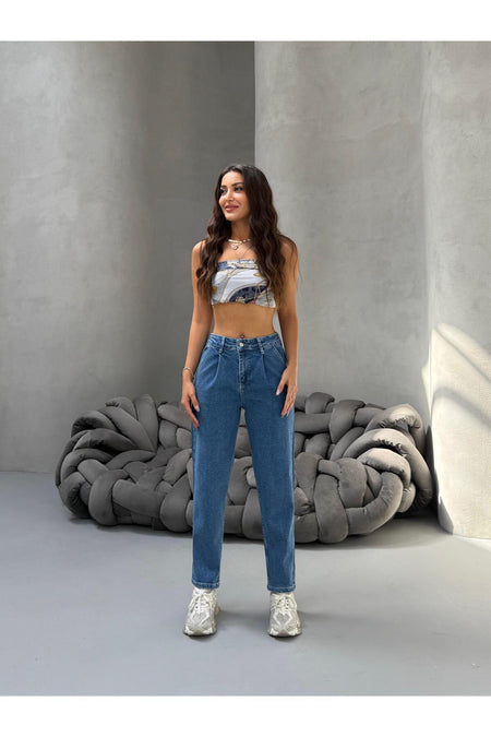 Kadın Yüksek Bel Boyfriend Likralı Pileli Mom Jeans Mavi - MALLTURK