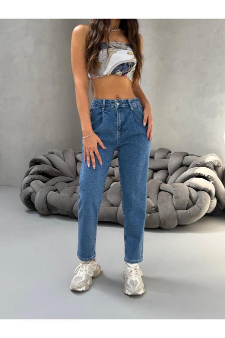 Kadın Yüksek Bel Boyfriend Likralı Pileli Mom Jeans Mavi - MALLTURK