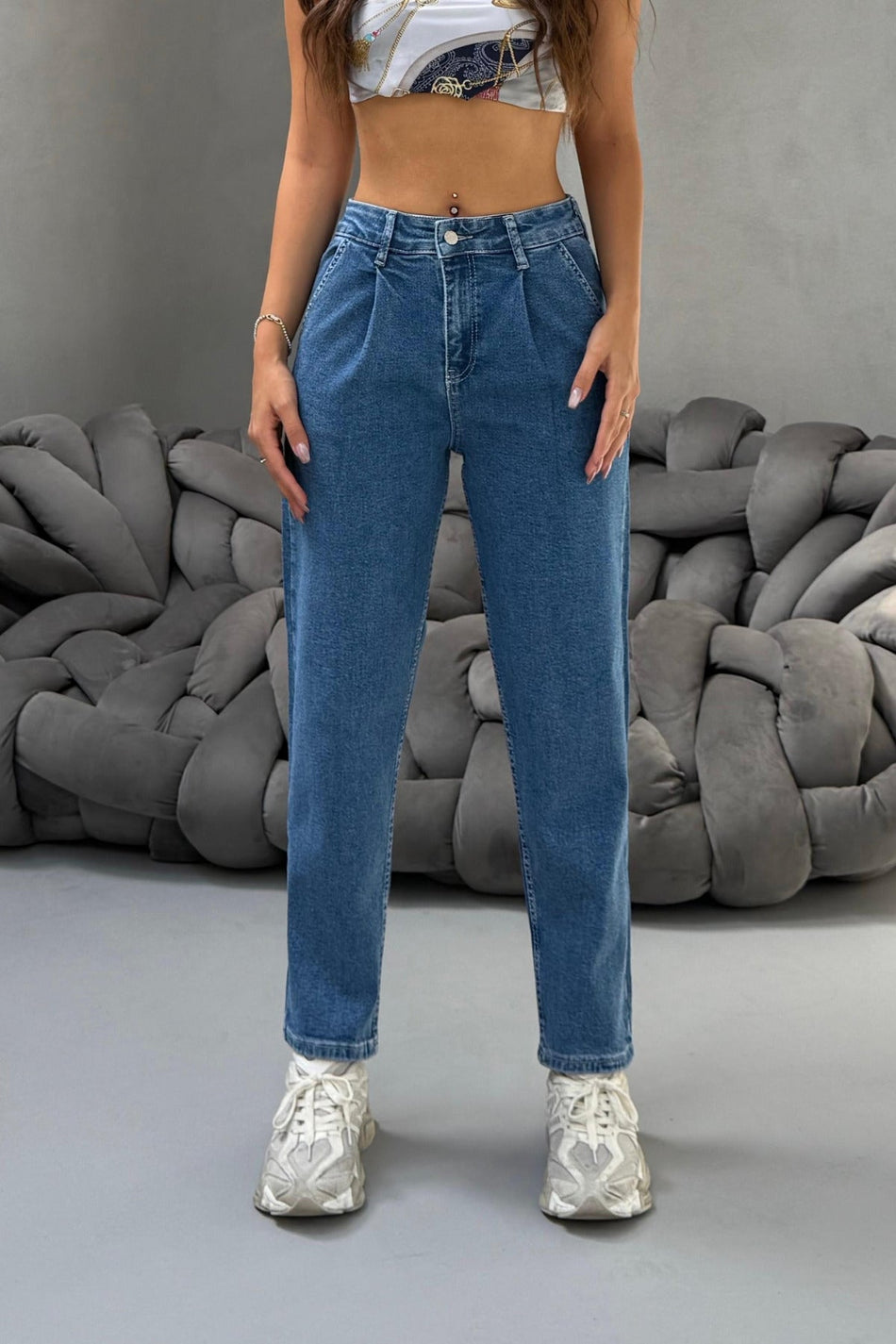 Kadın Yüksek Bel Boyfriend Likralı Pileli Mom Jeans Mavi - MALLTURK