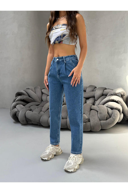 Kadın Yüksek Bel Boyfriend Likralı Pileli Mom Jeans Mavi - MALLTURK