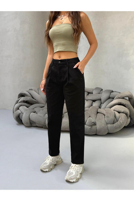 Kadın Yüksek Bel Boyfriend Likralı Pileli Mom Jeans Siyah - MALLTURK