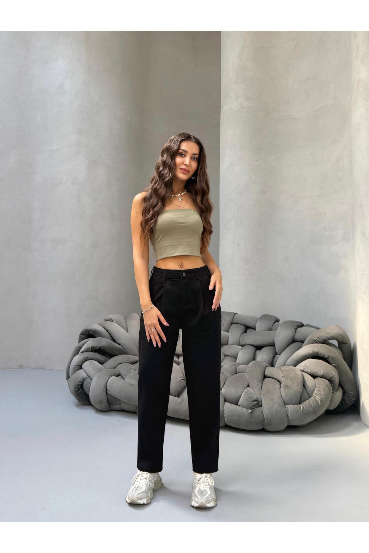 Kadın Yüksek Bel Boyfriend Likralı Pileli Mom Jeans Siyah - MALLTURK