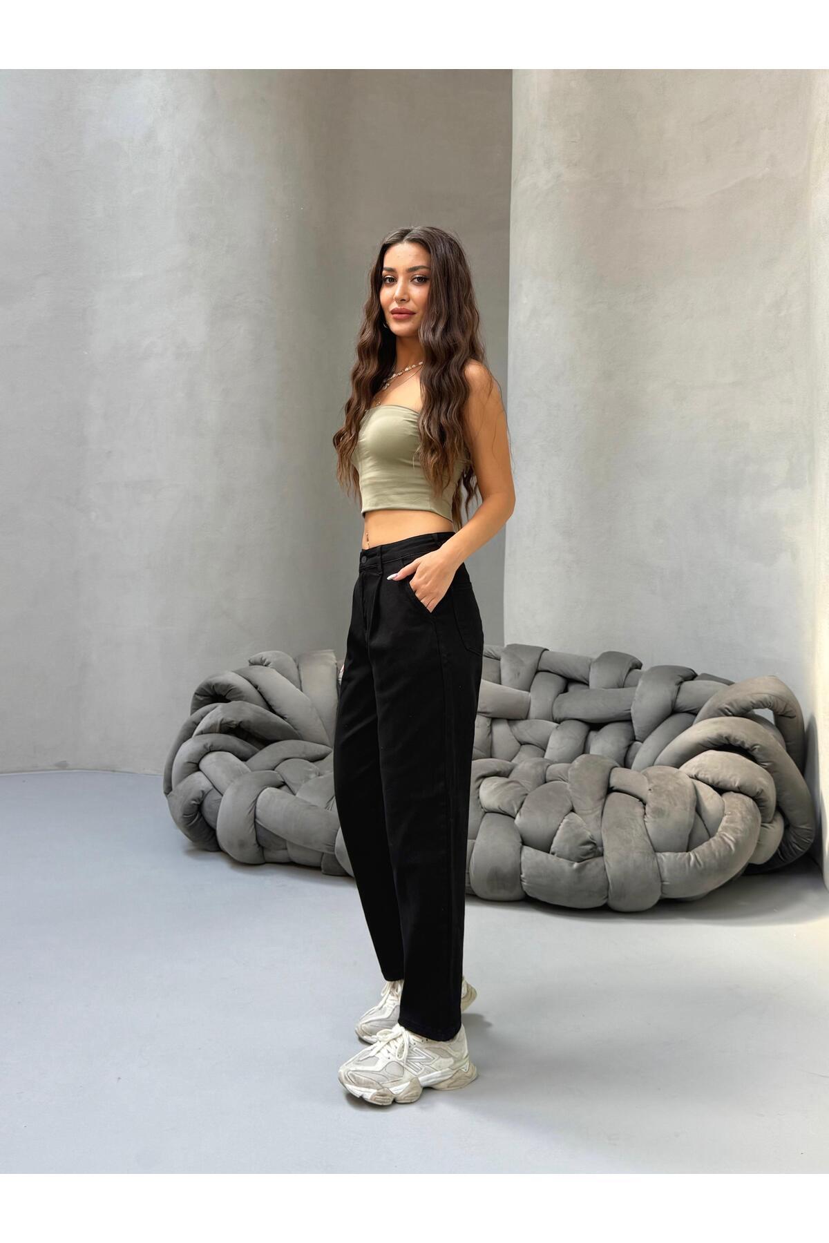 Kadın Yüksek Bel Boyfriend Likralı Pileli Mom Jeans Siyah - MALLTURK