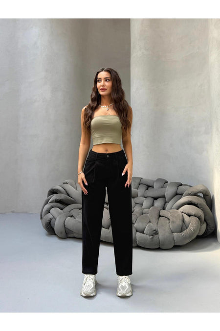 Kadın Yüksek Bel Boyfriend Likralı Pileli Mom Jeans Siyah - MALLTURK
