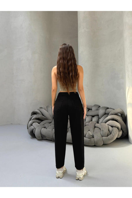 Kadın Yüksek Bel Boyfriend Likralı Pileli Mom Jeans Siyah - MALLTURK