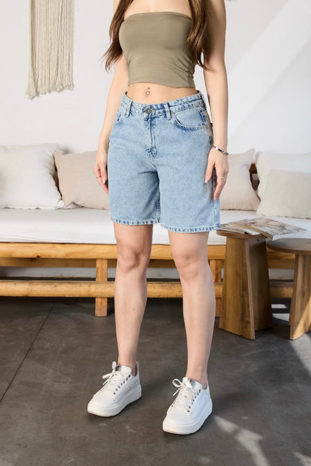 Kadın Yüksek Bel Cepli Denim Şort Açik Mavi - MALLTURK