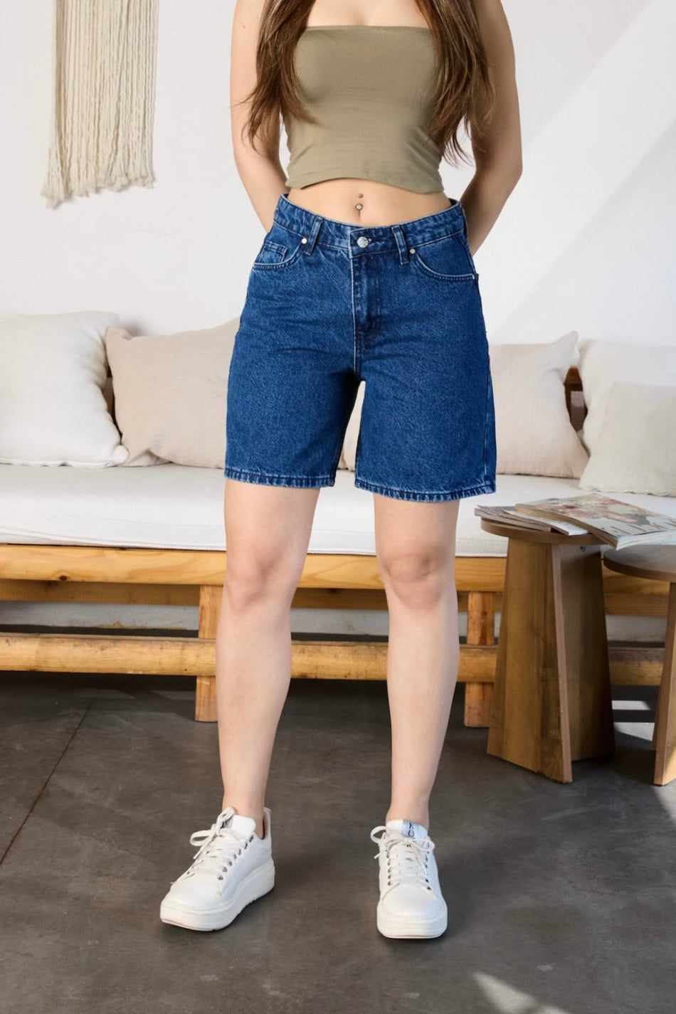 Kadın Yüksek Bel Cepli Denim Şort LACİVERT - MALLTURK