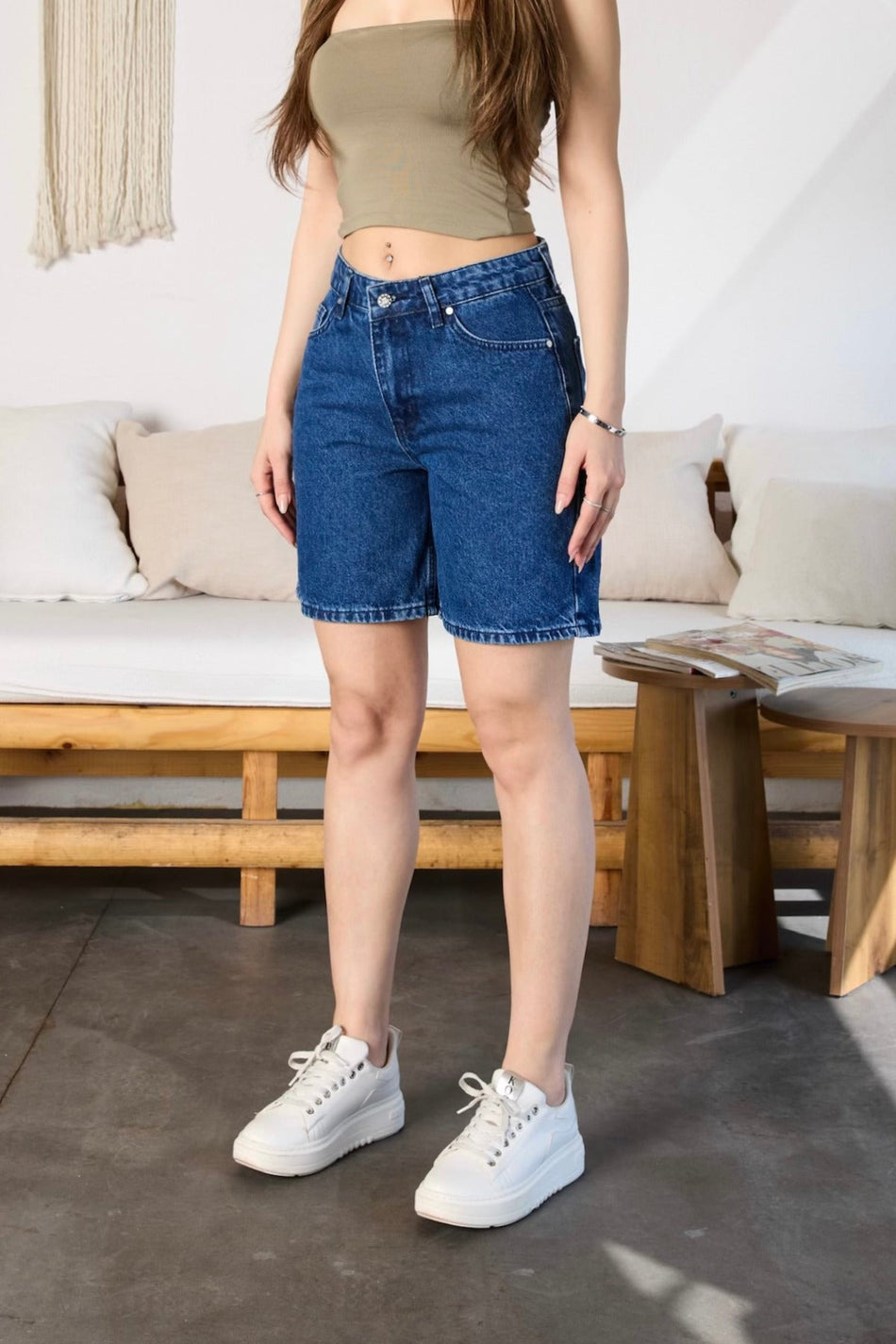 Kadın Yüksek Bel Cepli Denim Şort LACİVERT - MALLTURK