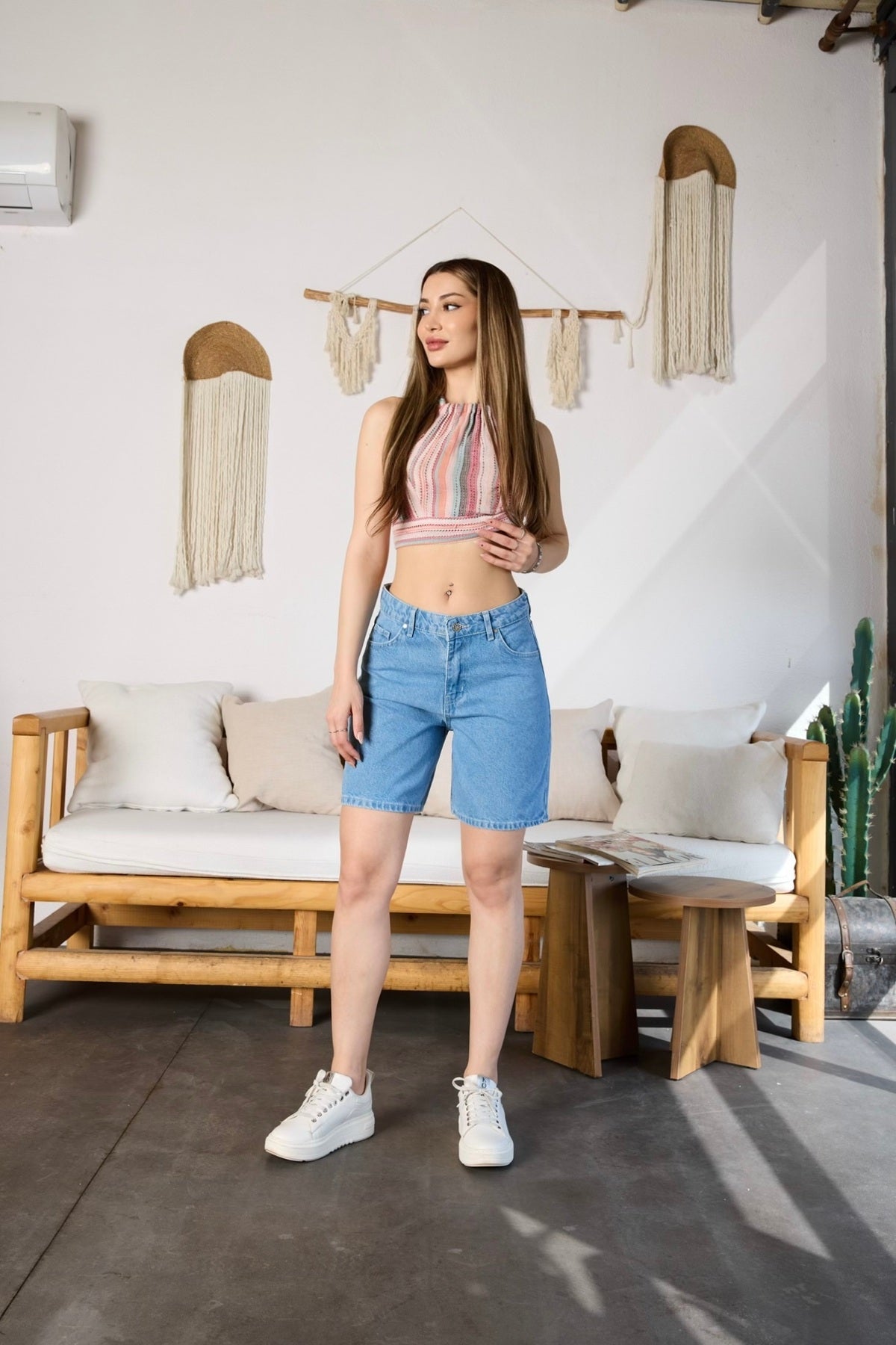 Kadın Yüksek Bel Cepli Denim Şort MAVİ - MALLTURK