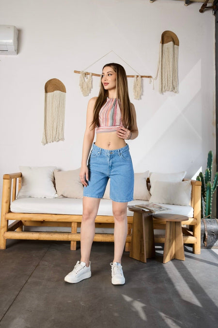 Kadın Yüksek Bel Cepli Denim Şort MAVİ - MALLTURK
