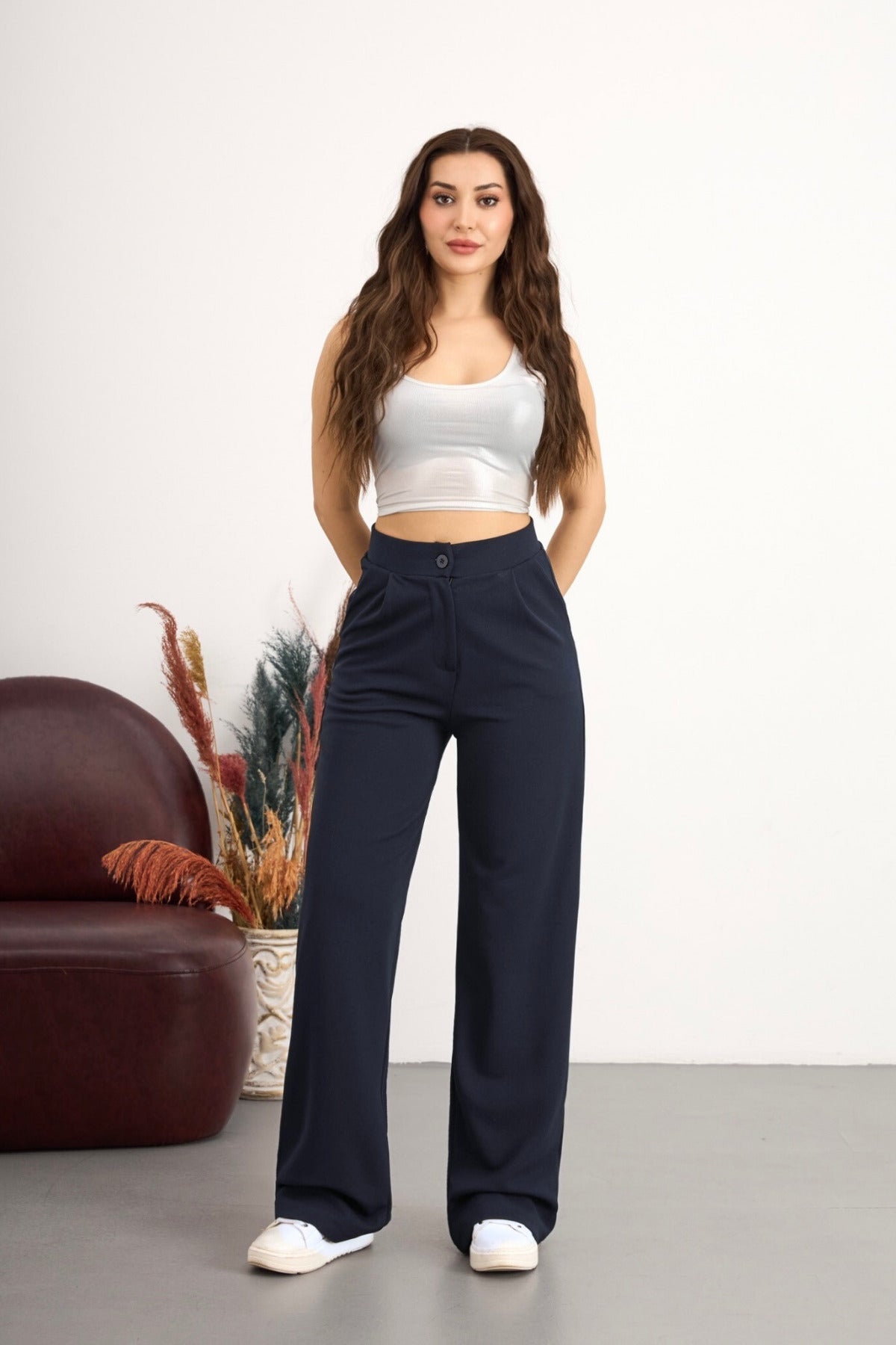 Kadın Yüksek Bel Cepli Lacivert Esnek Geniş Paça Kumaş Pantolon - MALLTURK