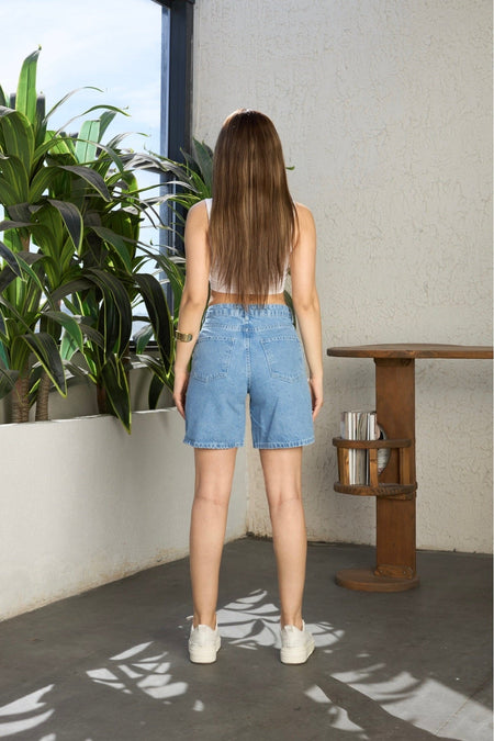 Kadın Yüksek Bel Denim Kot Şort MAVİ - MALLTURK