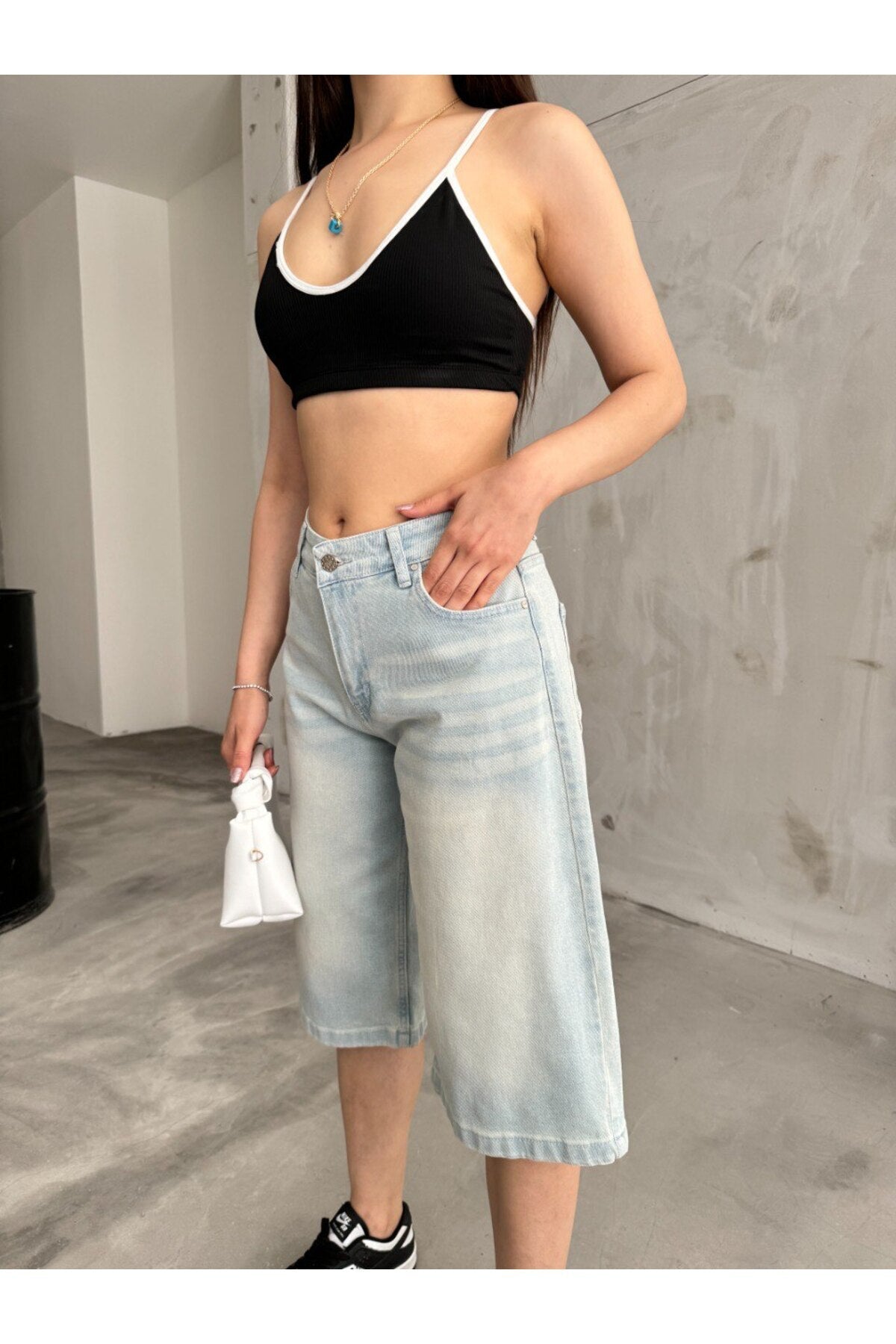 Kadın Yüksek Bel Diz Altı Baggy Bermuda Şort Denim açık mavi - MALLTURK