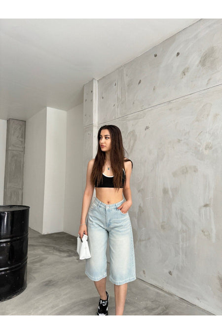 Kadın Yüksek Bel Diz Altı Baggy Bermuda Şort Denim açık mavi - MALLTURK