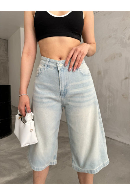 Kadın Yüksek Bel Diz Altı Baggy Bermuda Şort Denim açık mavi - MALLTURK