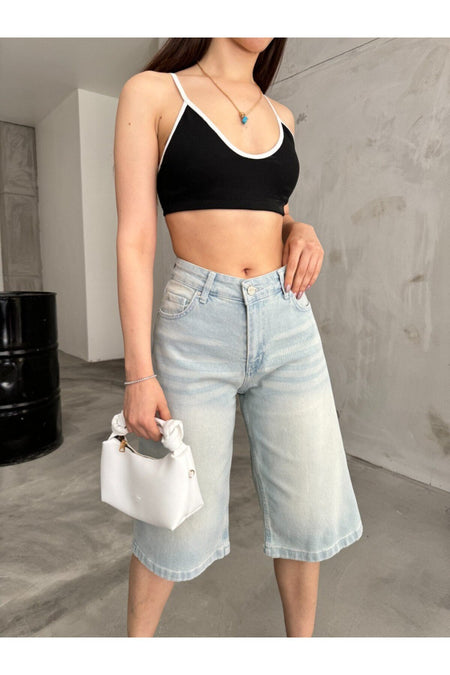 Kadın Yüksek Bel Diz Altı Baggy Bermuda Şort Denim açık mavi - MALLTURK