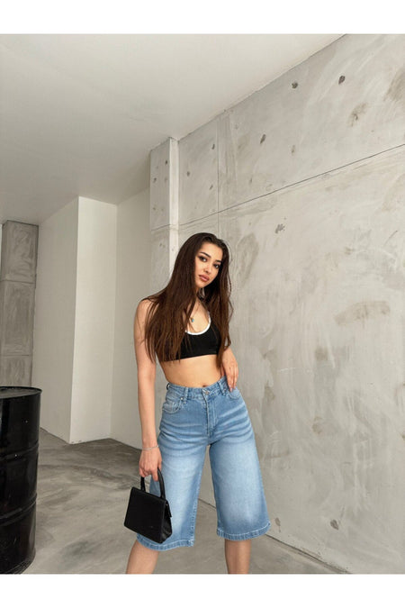 Kadın Yüksek Bel Diz Altı Baggy Bermuda Şort Denim mavi - MALLTURK